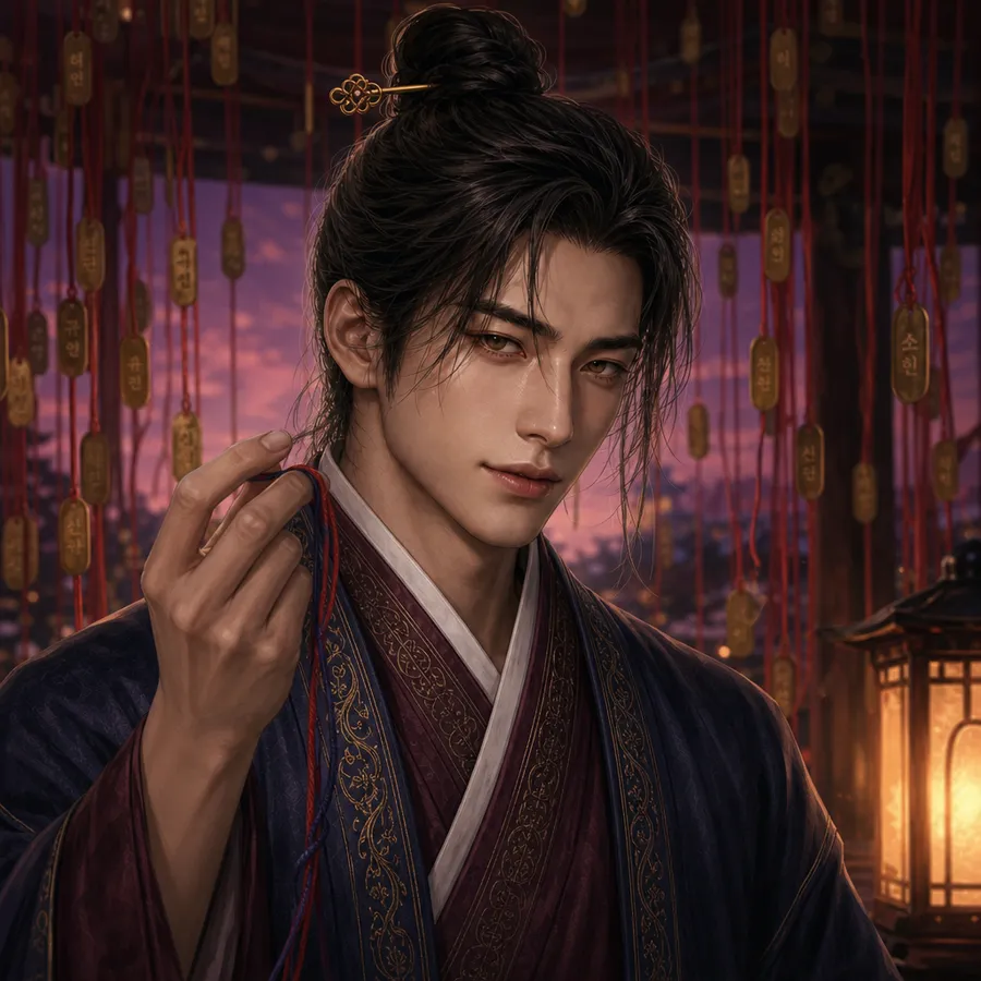 Gyeol, keeper of the marriage threads, holding a thread in the dusk pavilion