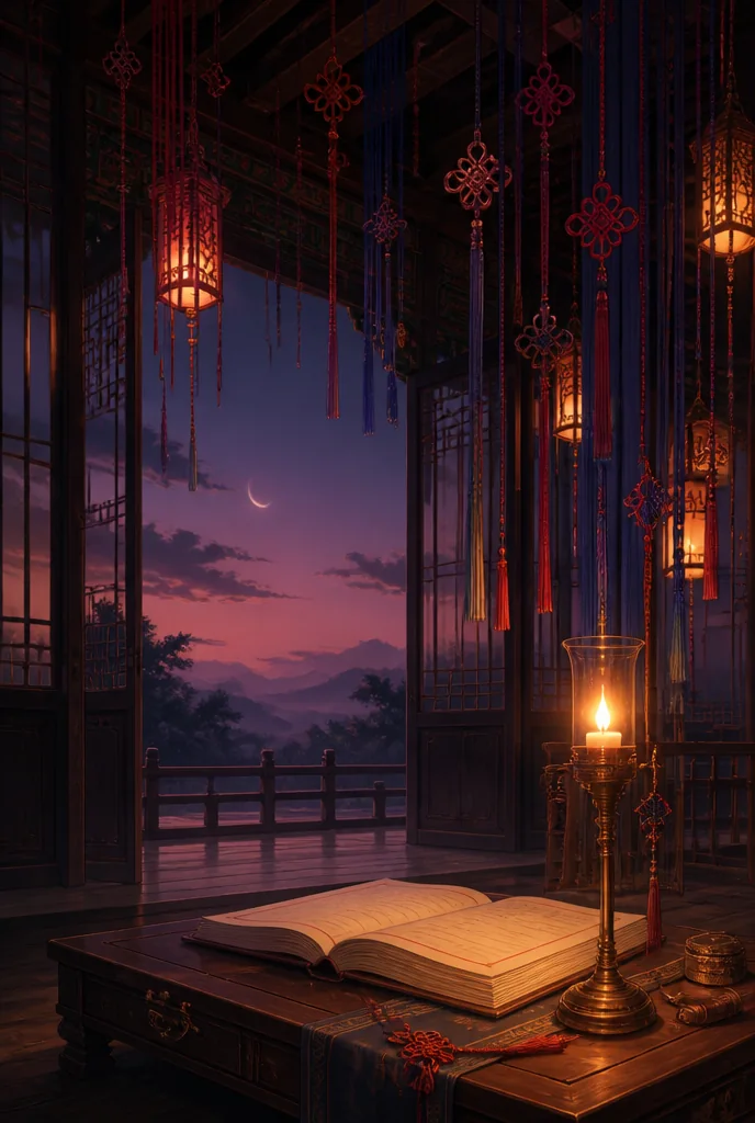 The dusk hall of marriage threads: knots and lanterns hanging over the keeper's open ledger