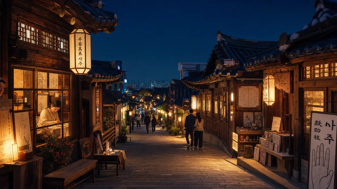 A lantern-lit Korean fortune-telling alley at night