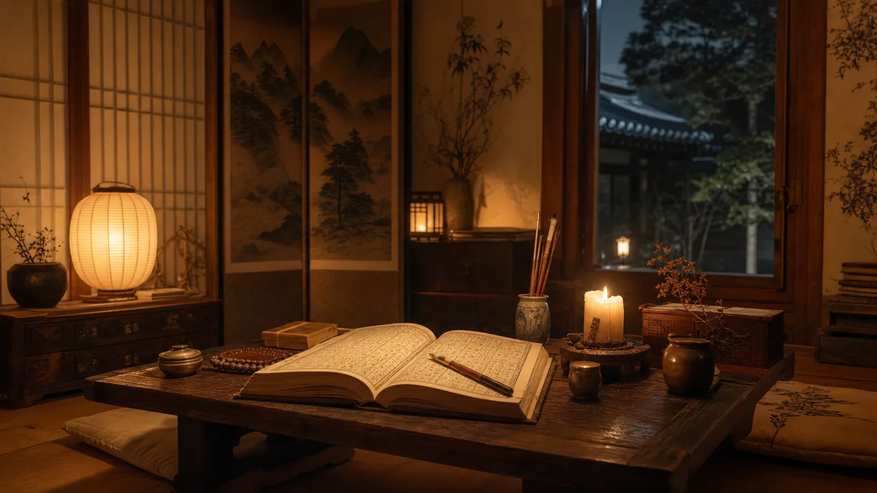 A traditional Korean saju reading room by candlelight