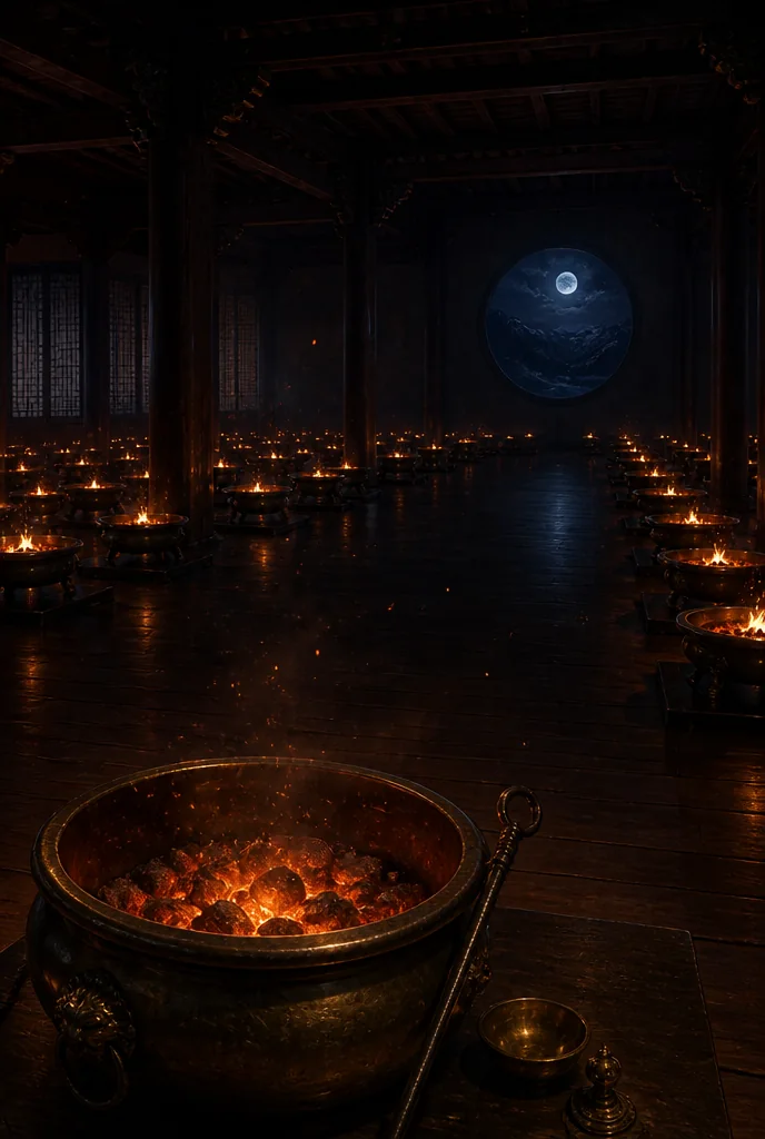 The hearth-house at night: rows of braziers, each holding the embers of a bond