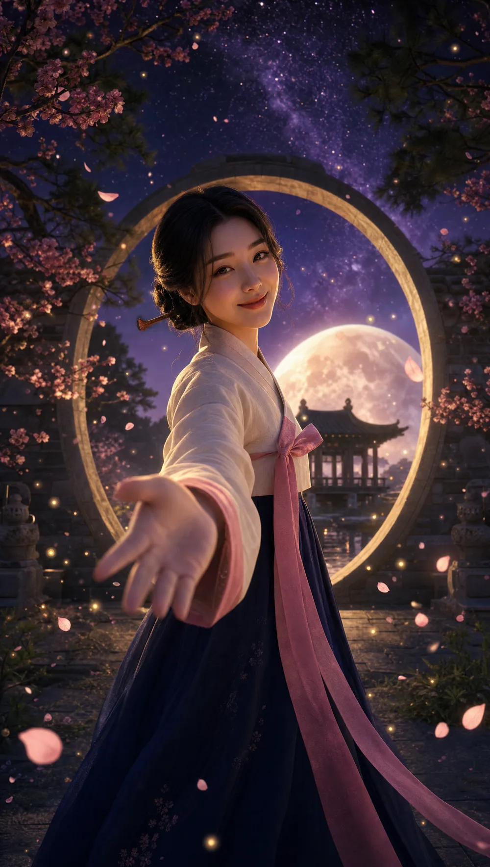 Sori, your Saju reader, reaching out a hand at a moon gate beneath the pearl moon